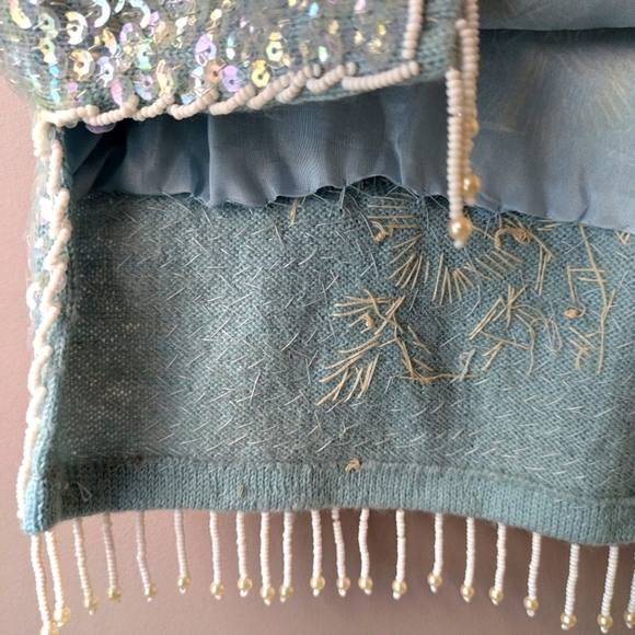 Vintage Regalia Imports Sequin Tank White Floral Beads on Blue Wool L - Picture 6 of 16